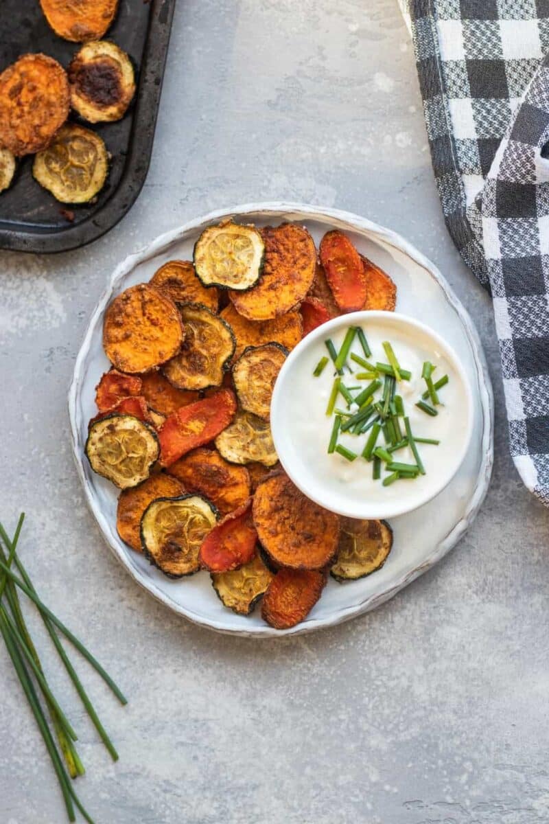 Almond butter sweet potato zucchini carrot chips with soy yoghurt dip