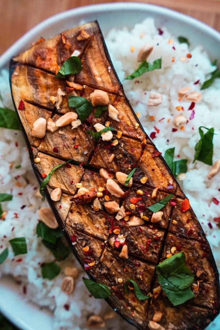 Aubergine on a bed of rice