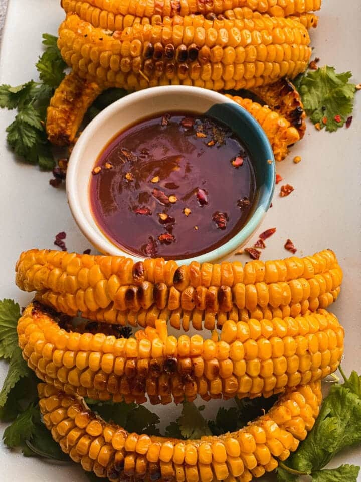 Baked corn fries with a spicy dip