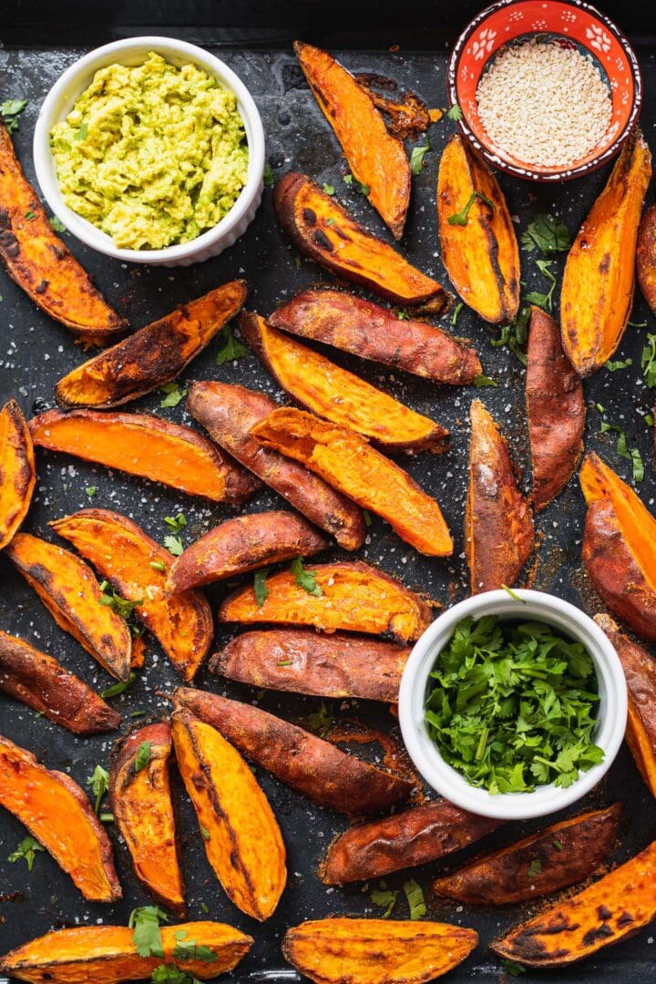 Baking tray with homemade sweet potato wedges