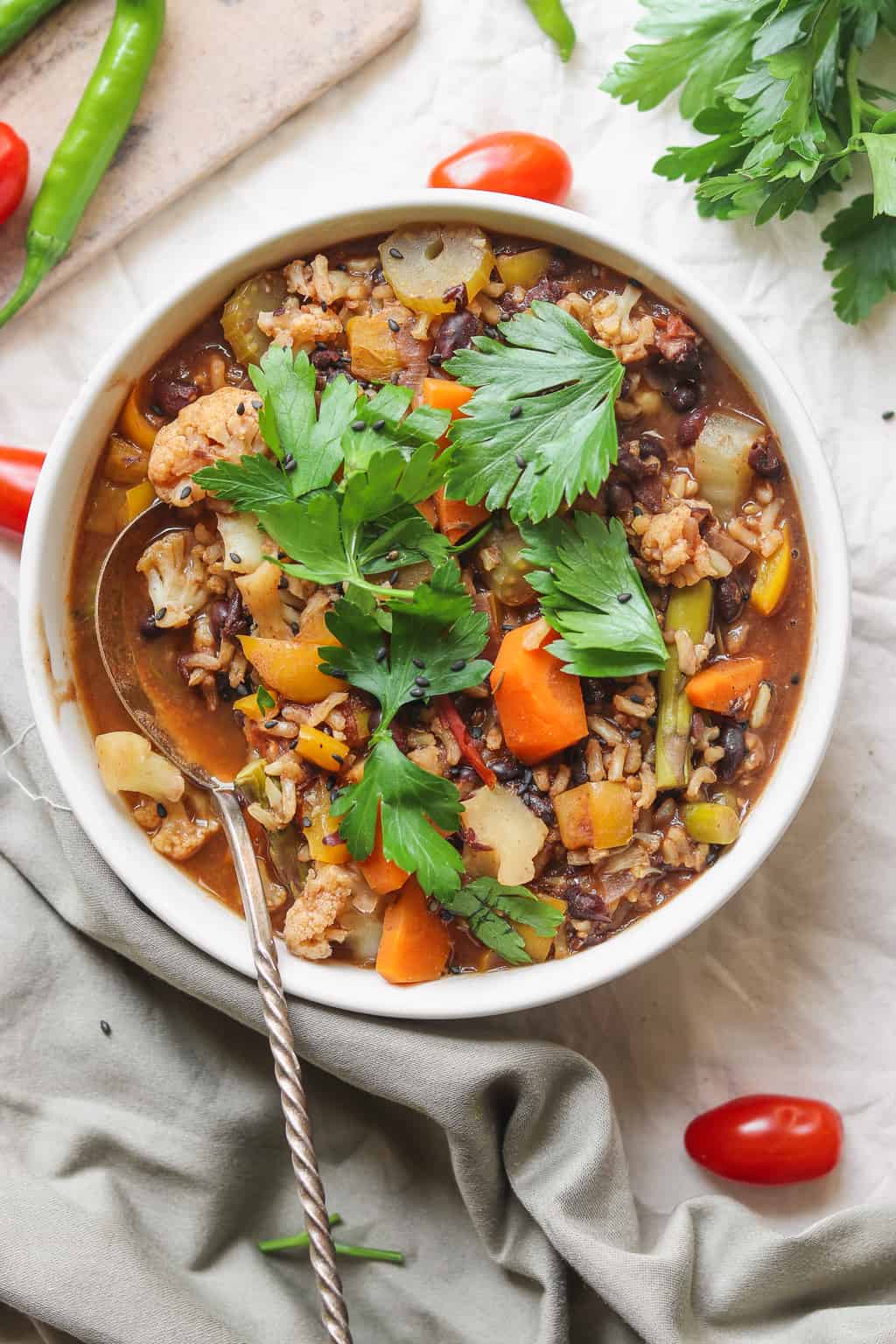 Vegan black bean rice soup with vegetables 
