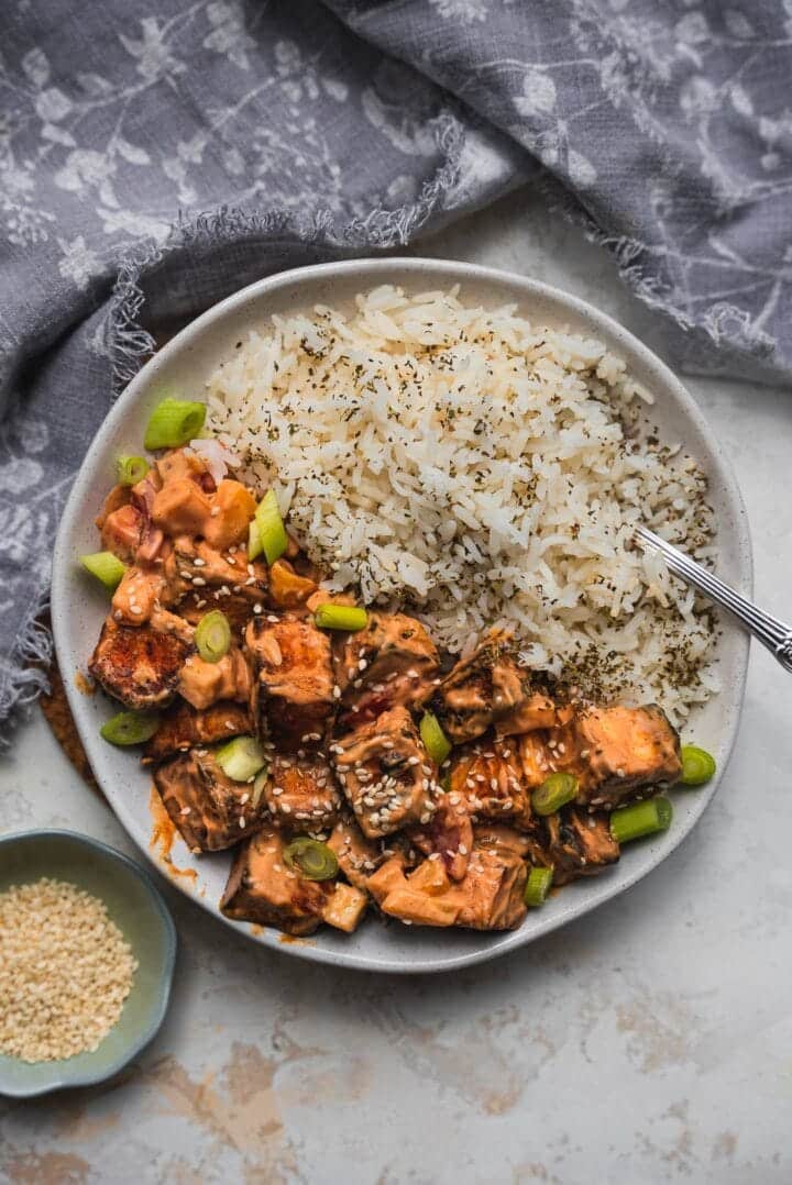 Bowl of crispy tofu and rice