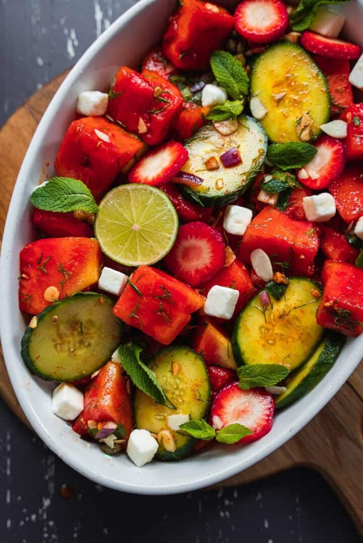 Bowl of salad with watermelon and vegan feta