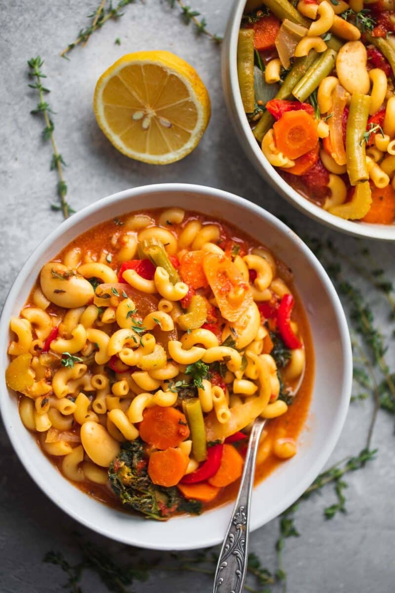 Bowl of soup with pasta and butter beans