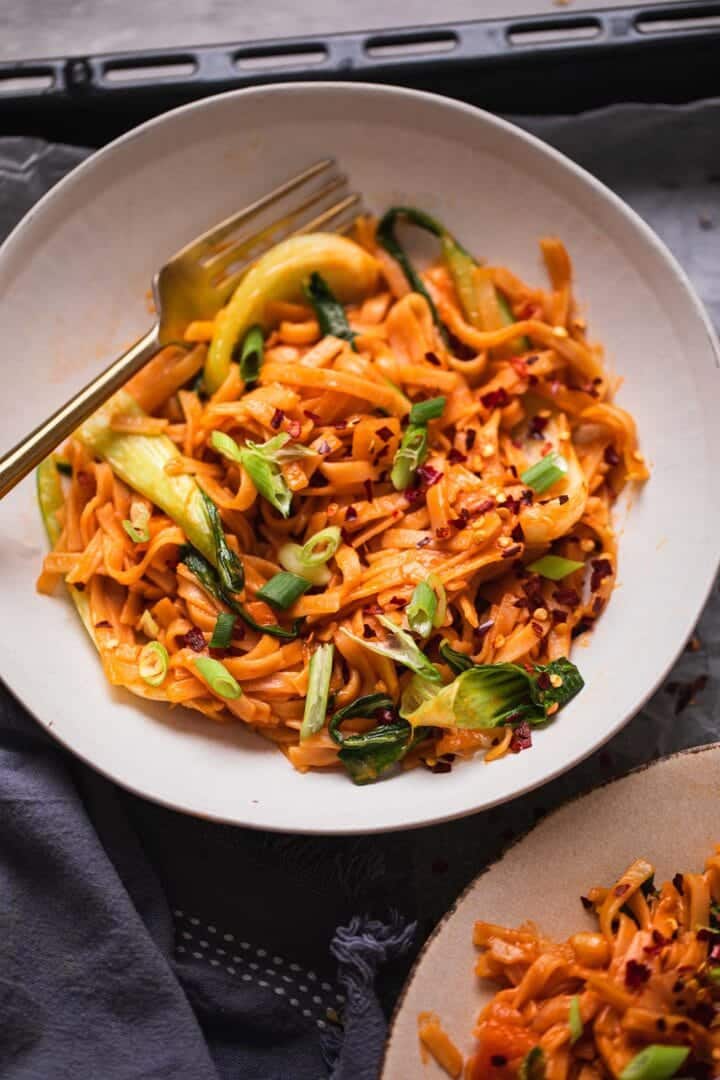 Bowl of spicy vegetarian noodles with Pak Choi