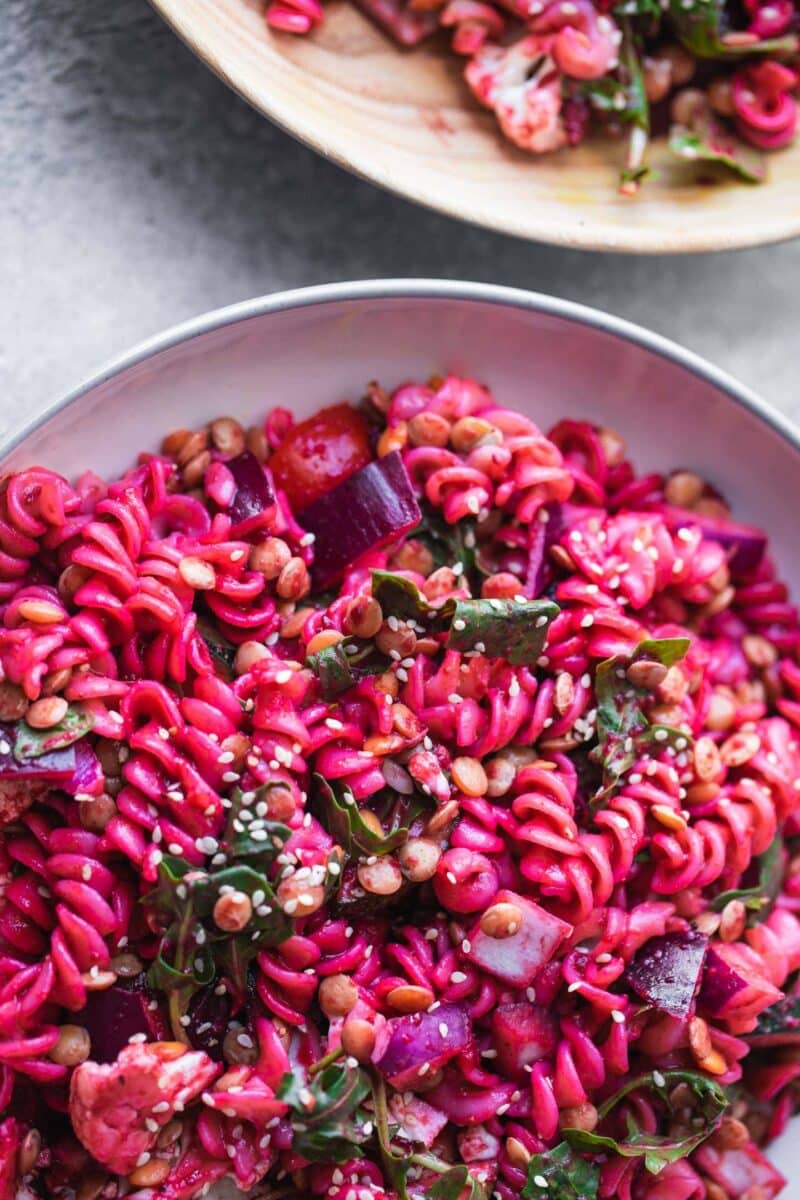 Bowl of vegan pasta salad with green lentils