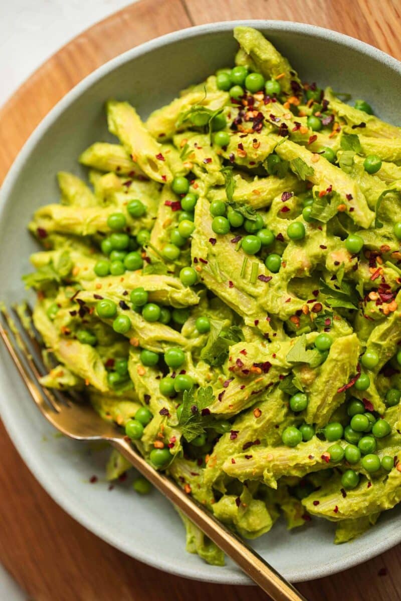 Bowl of vegan pasta with an avocado sauce