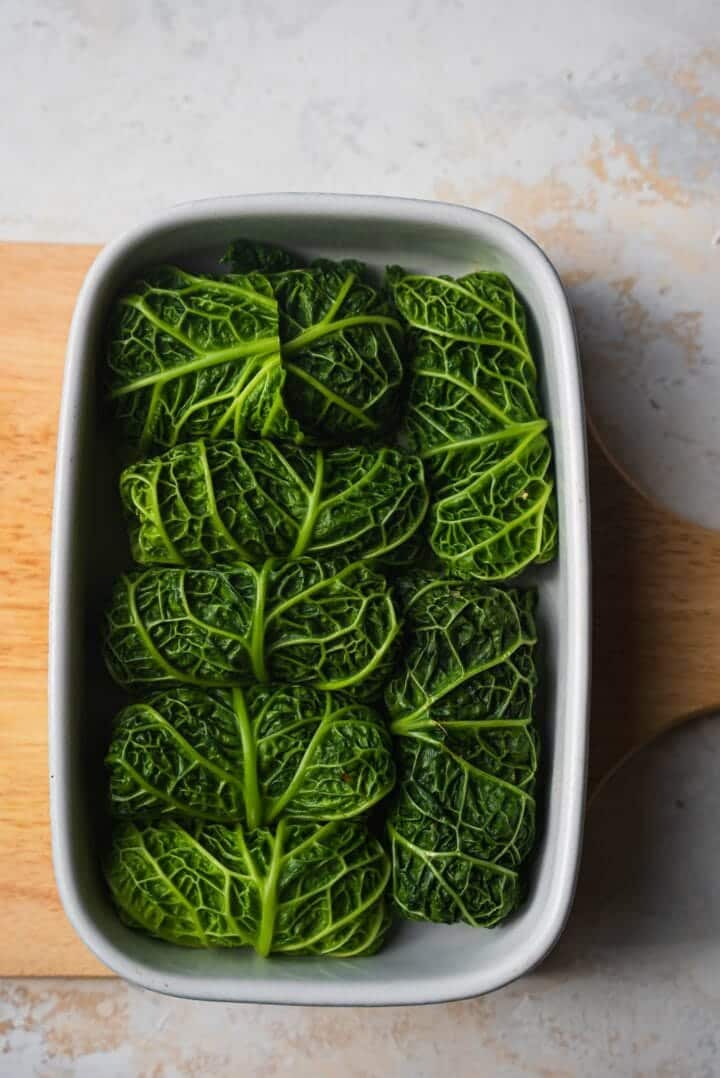 Cabbage rolls in a rectangular baking dish