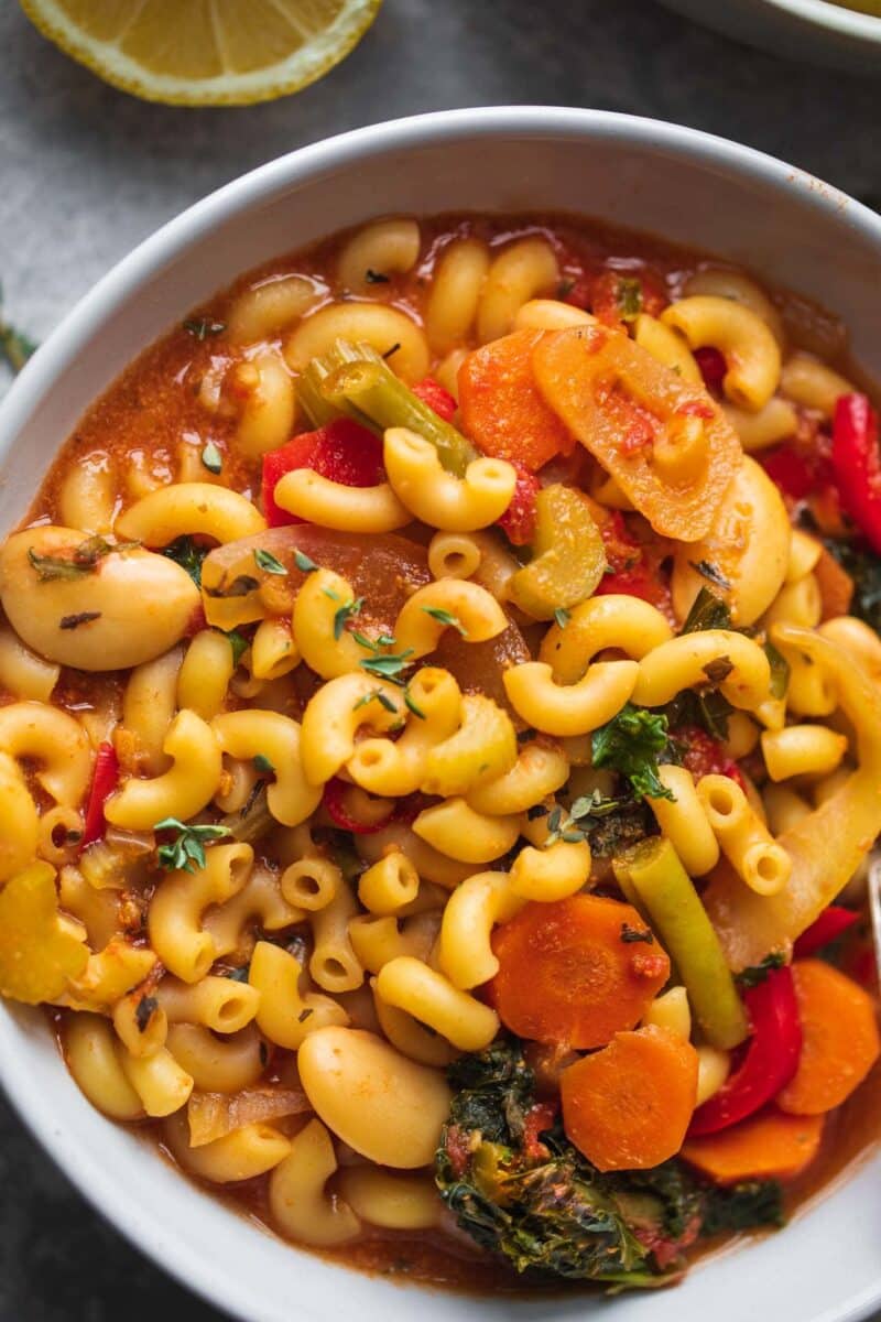 Closeup of a bowl of vegan minestrone soup