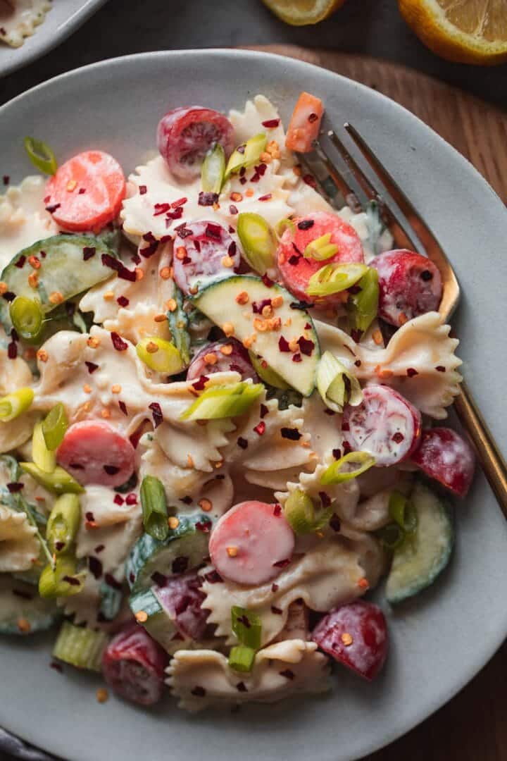 Closeup of a vegan pasta salad on a plate