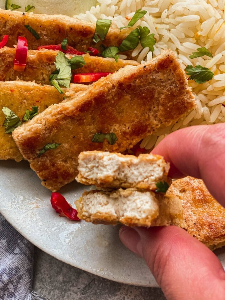 Closeup of crispy tofu