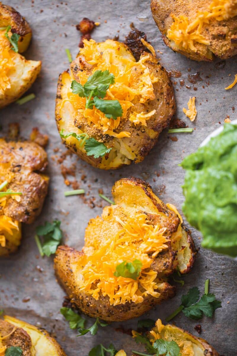 Closeup of potatoes with vegan cheese and breadcrumbs