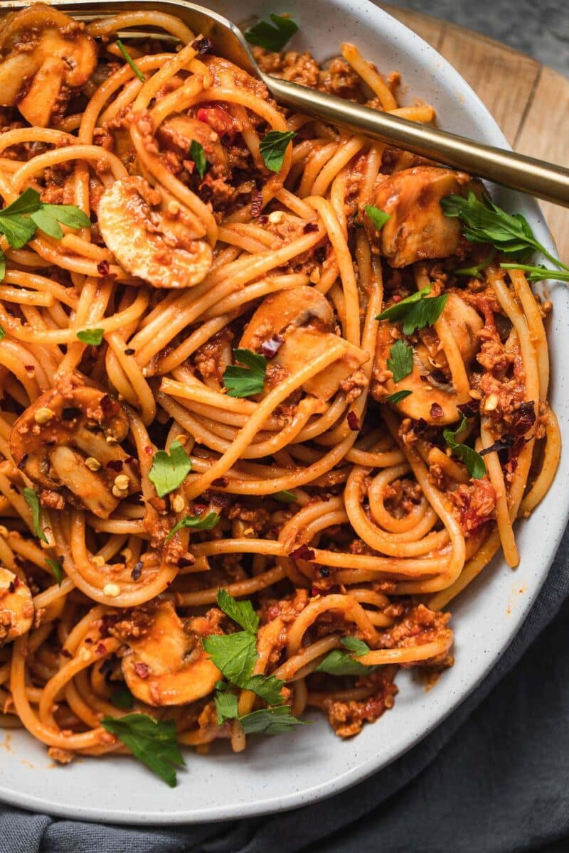 Closeup of spaghetti with a vegan sauce in a bowl