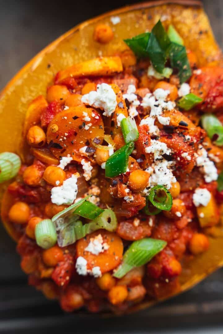 Closeup of squash with chickpeas and feta