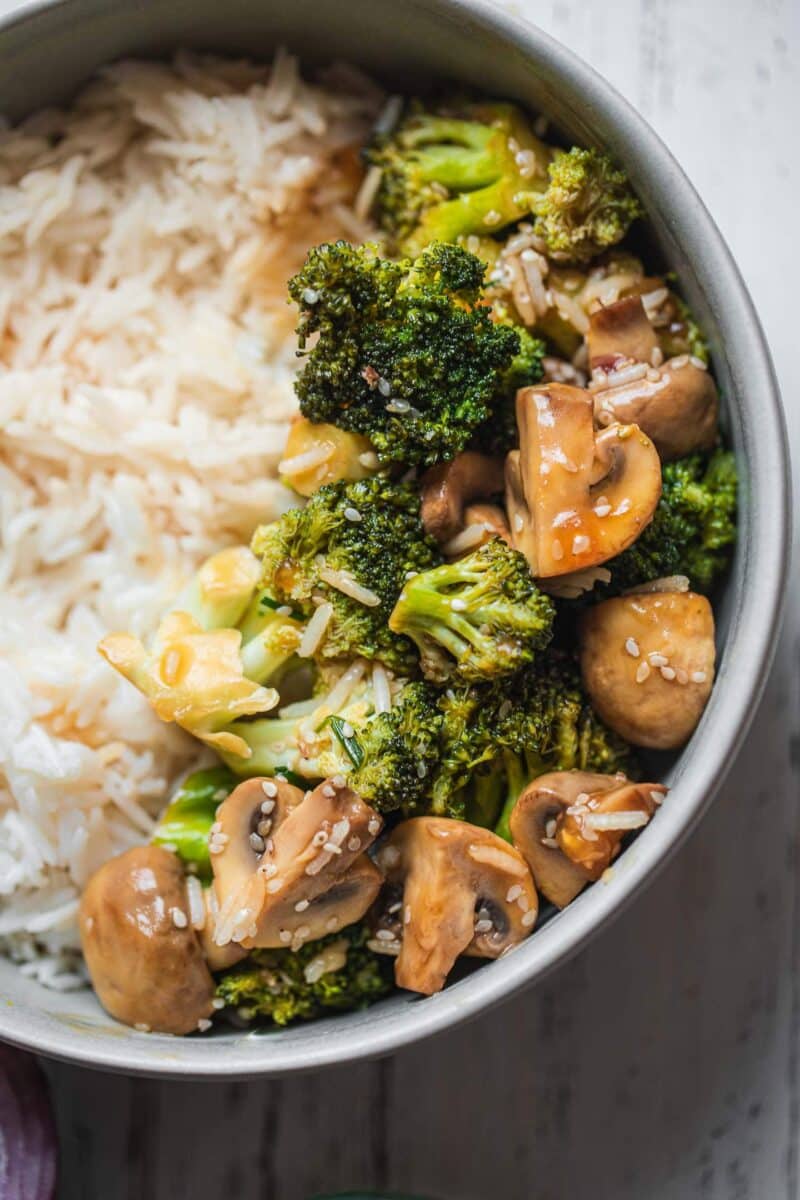 Closeup of vegan broccoli stir fry with rice