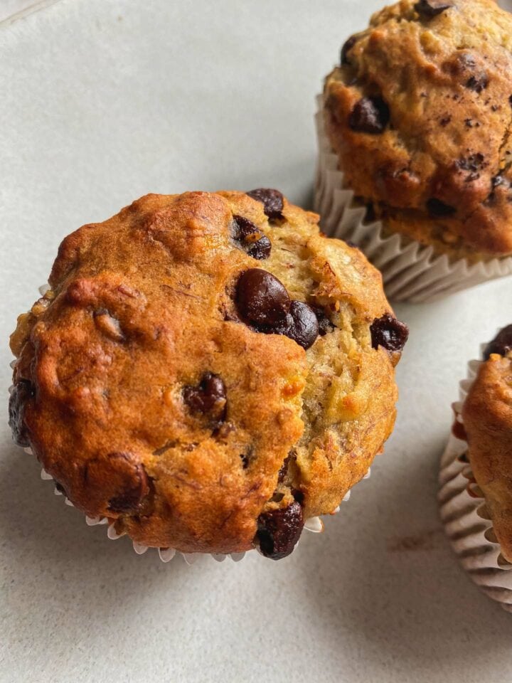 Closeup of vegan muffins with banana and chocolate chips