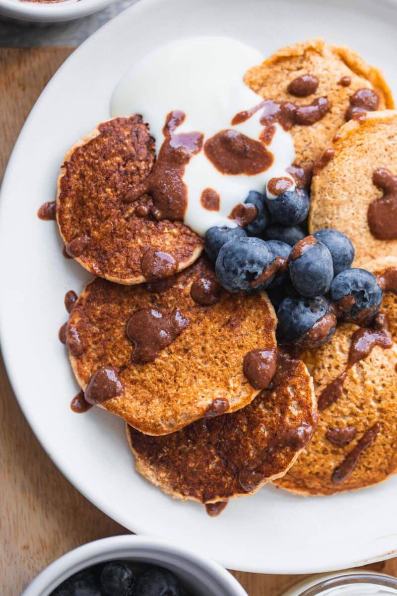 Closeup of vegan pancakes with chocolate sauce