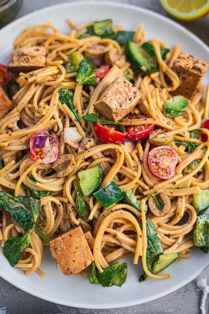 Closeup of vegan pasta with tofu