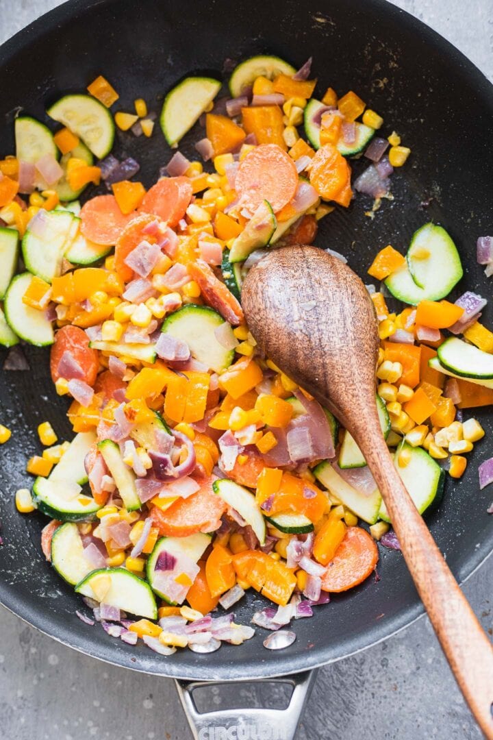 Cooked vegetables in a frying pan