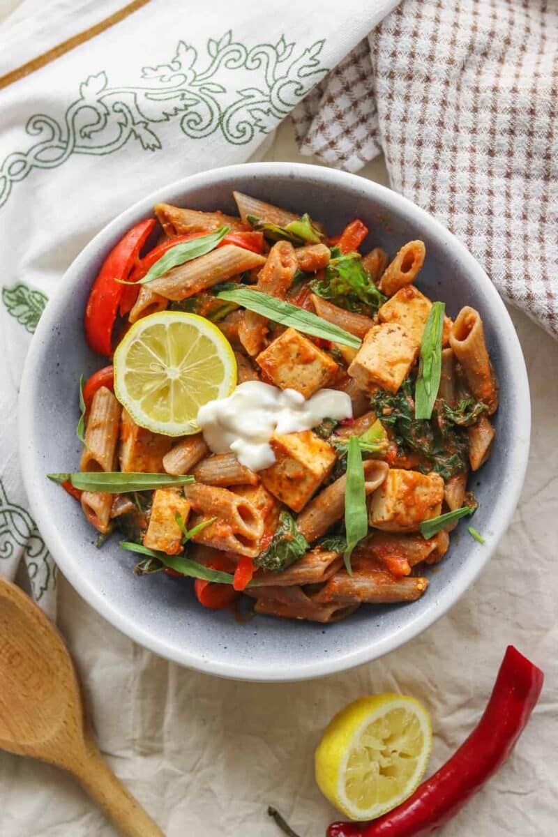 Healthy creamy vegan pasta with tofu