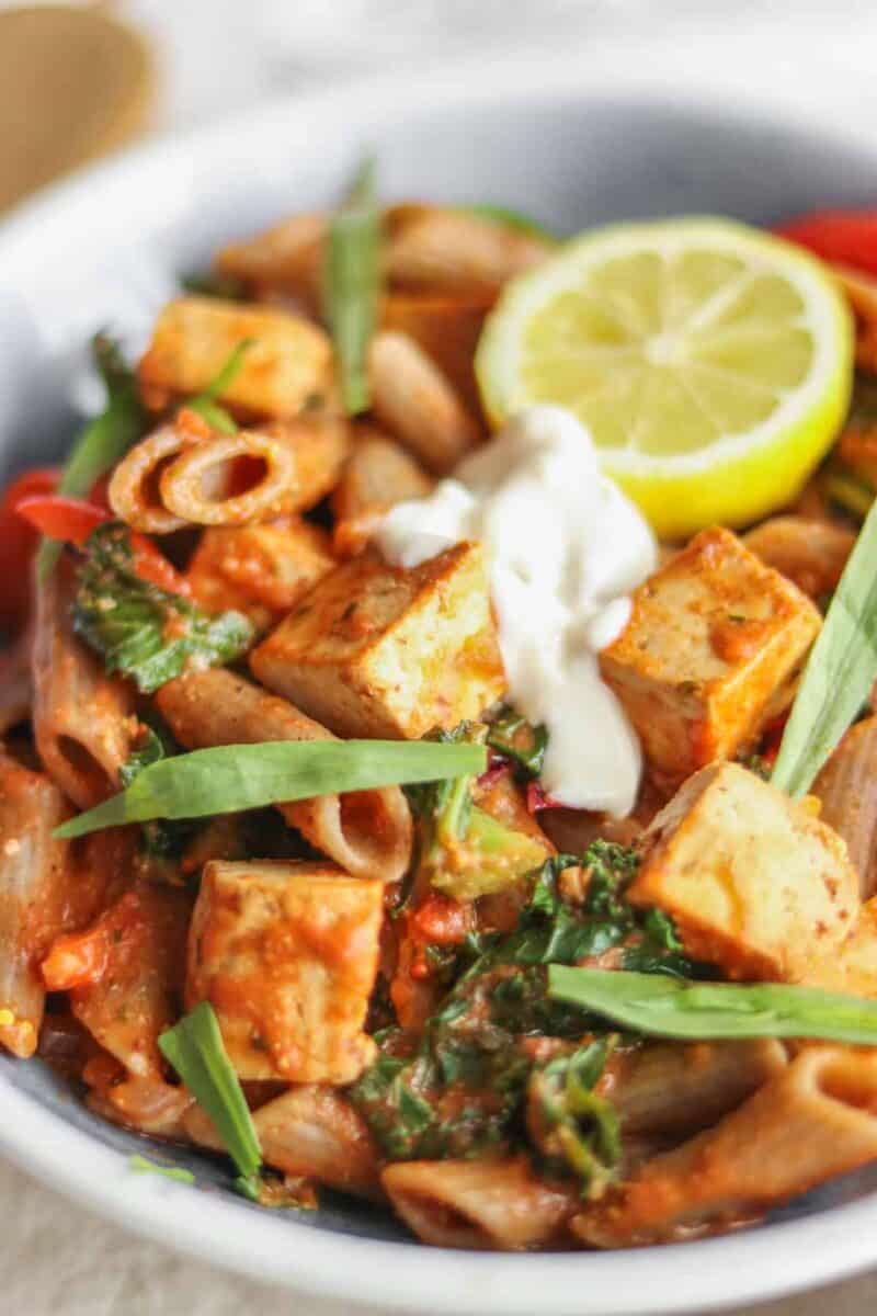 Vegan tomato sauce pasta with tofu