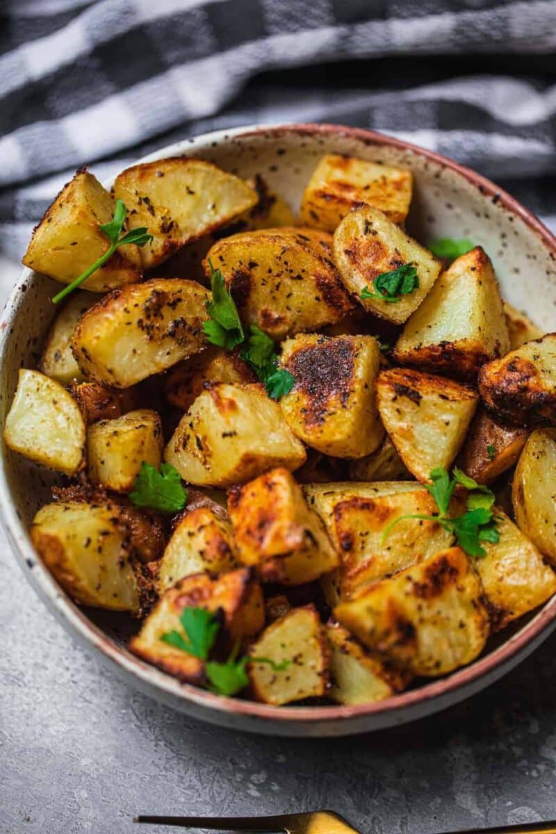 Bowl of vegan roasted potatoes 