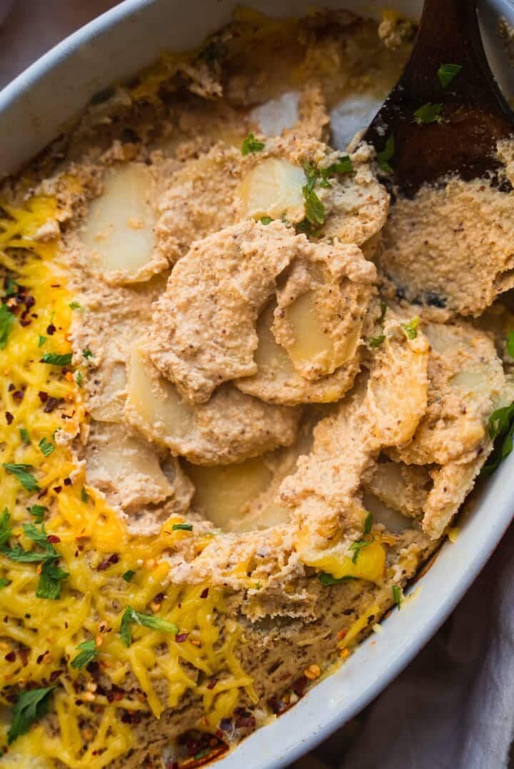 Dairy-free cheesy potatoes in a casserole dish