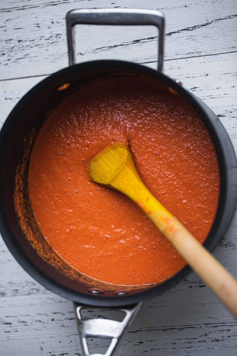 Dairy-free tomato bisque in a saucepan