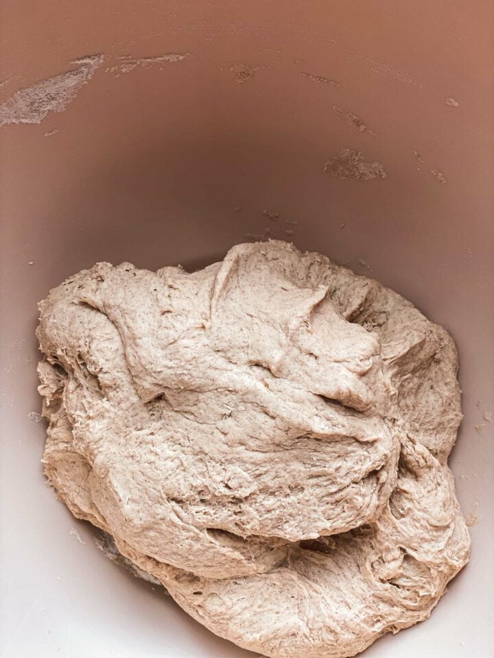 Dough for bagels in a mixing bowl