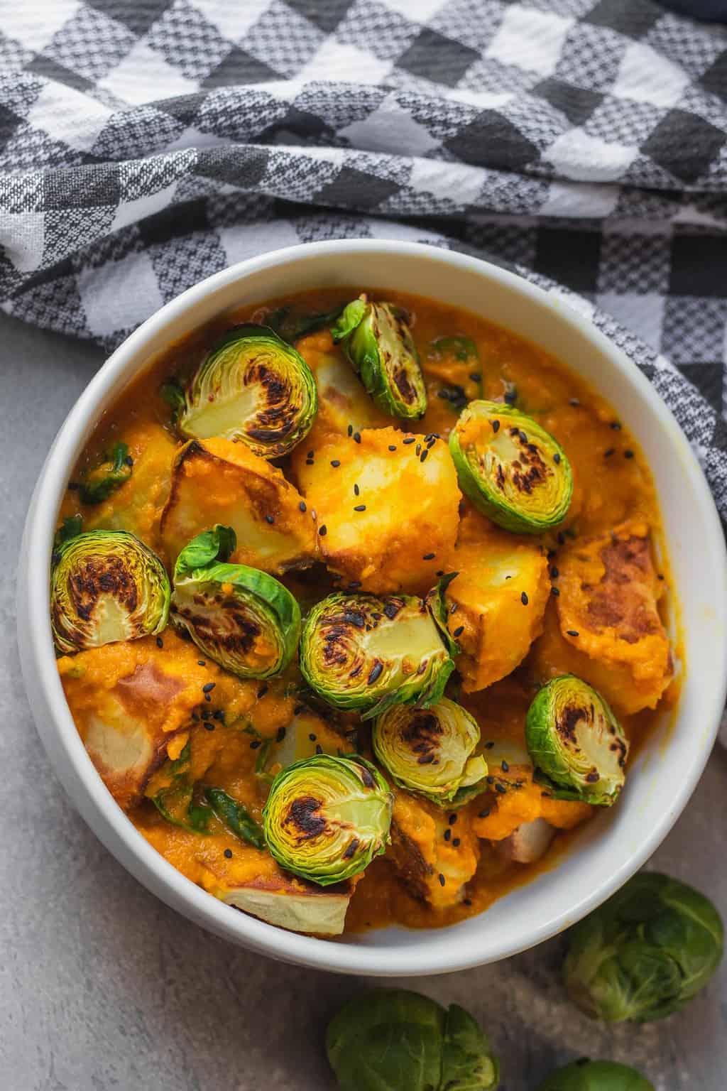 Easy cheesy potatoes with Brussels sprouts vegan gluten-free
