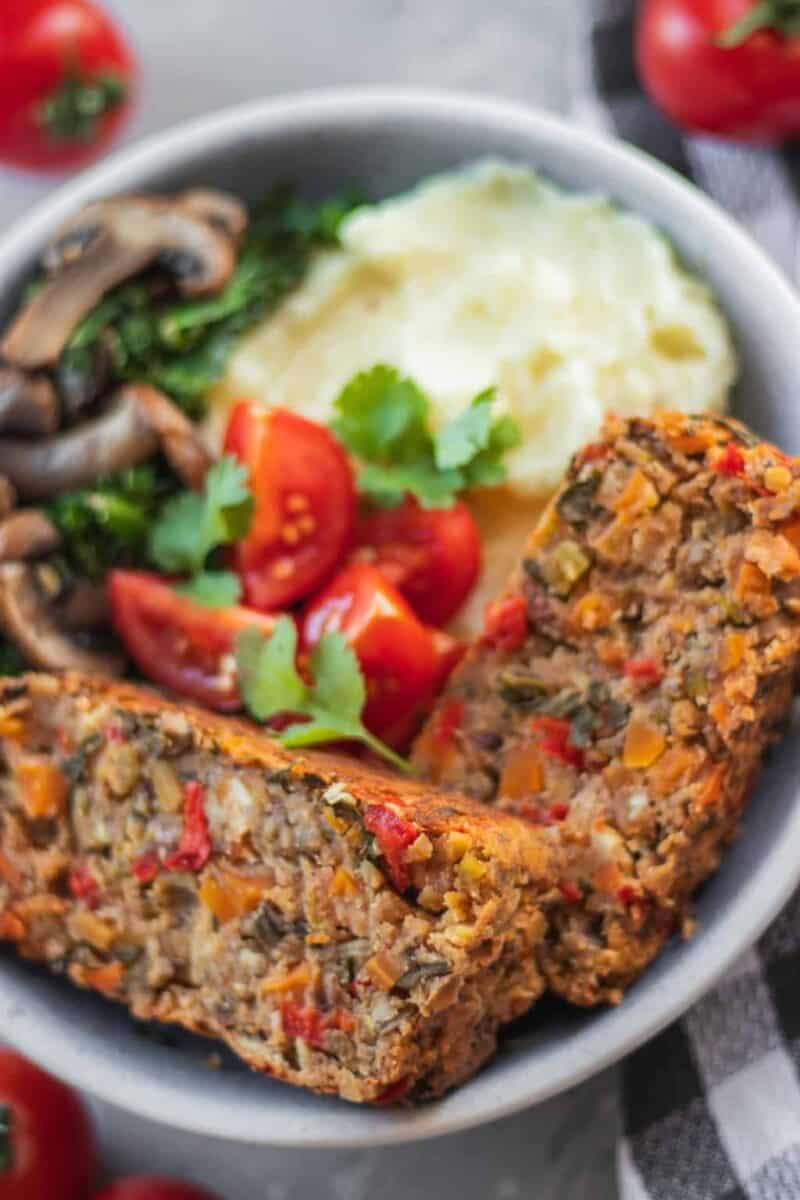 Vegan Christmas lentil loaf with vegetables 