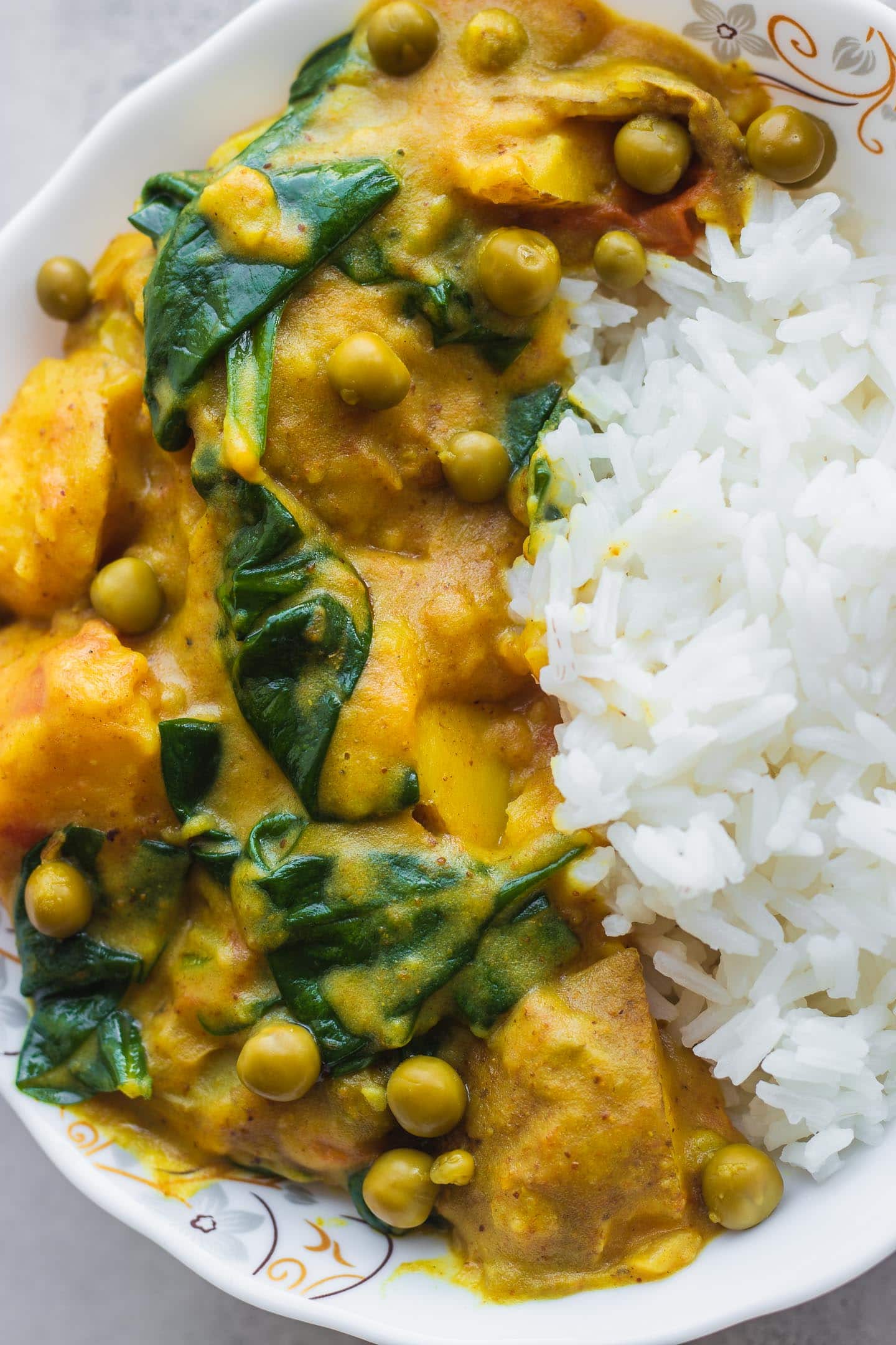 Closeup of vegan curry in a white bowl
