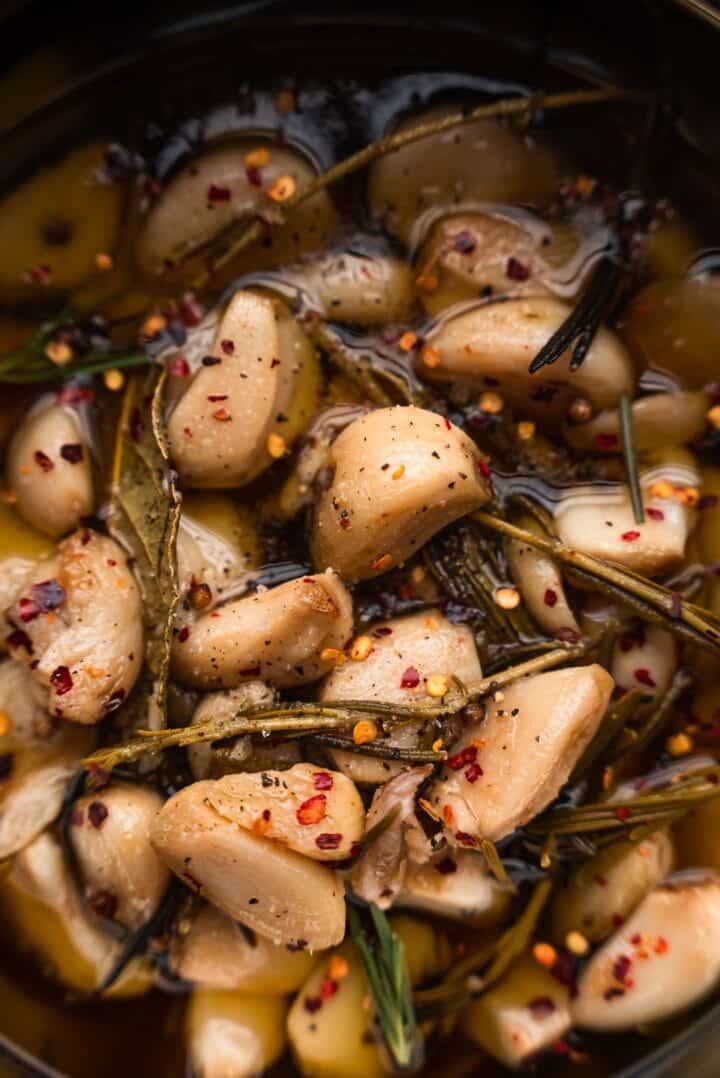 Garlic confit with rosemary and chilli flakes