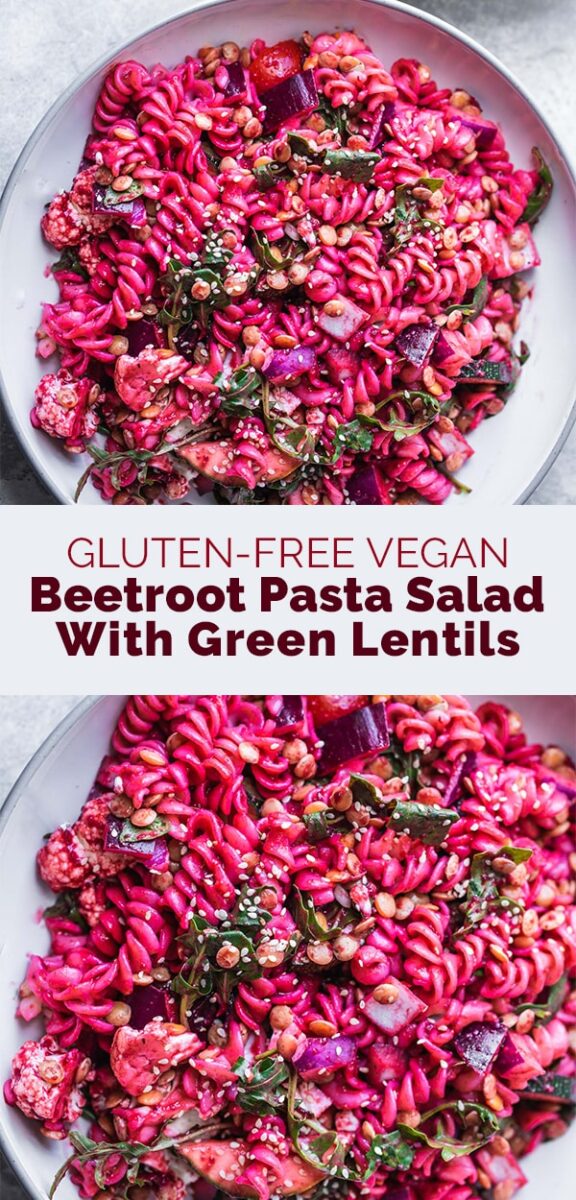 Gluten-free vegan beetroot pasta salad with green lentils