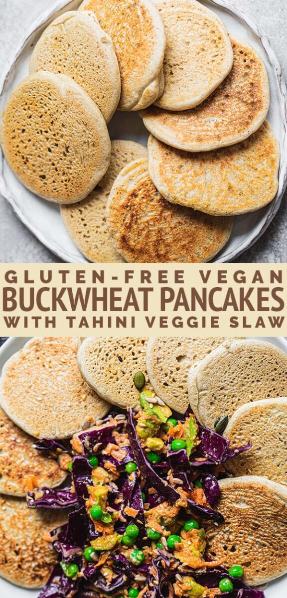 Gluten-free vegan buckwheat pancakes with tahini veggie slaw