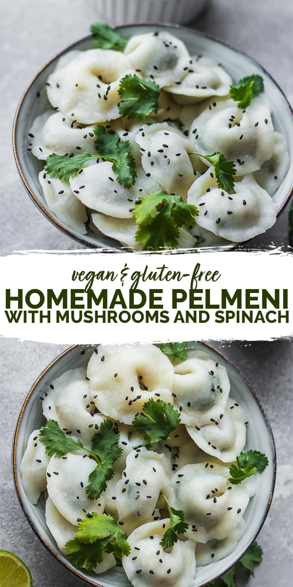 Gluten-free vegan homemade pelmeni with mushrooms and spinach