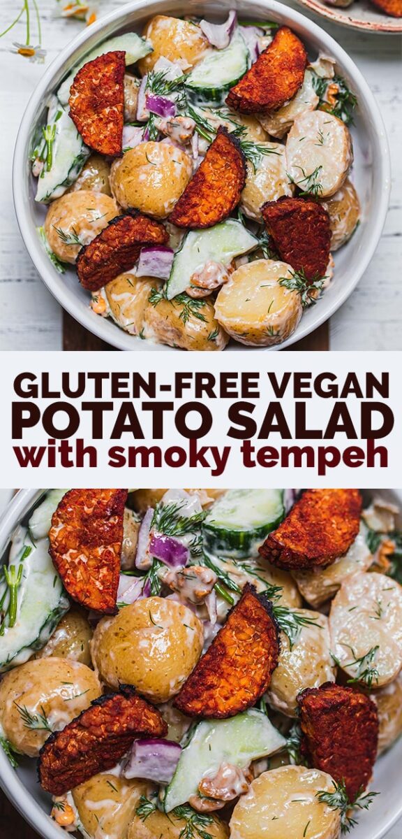 Gluten-free vegan potato salad with smoky tempeh