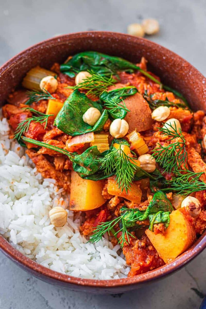 Veggie goulash in a bowl with rice