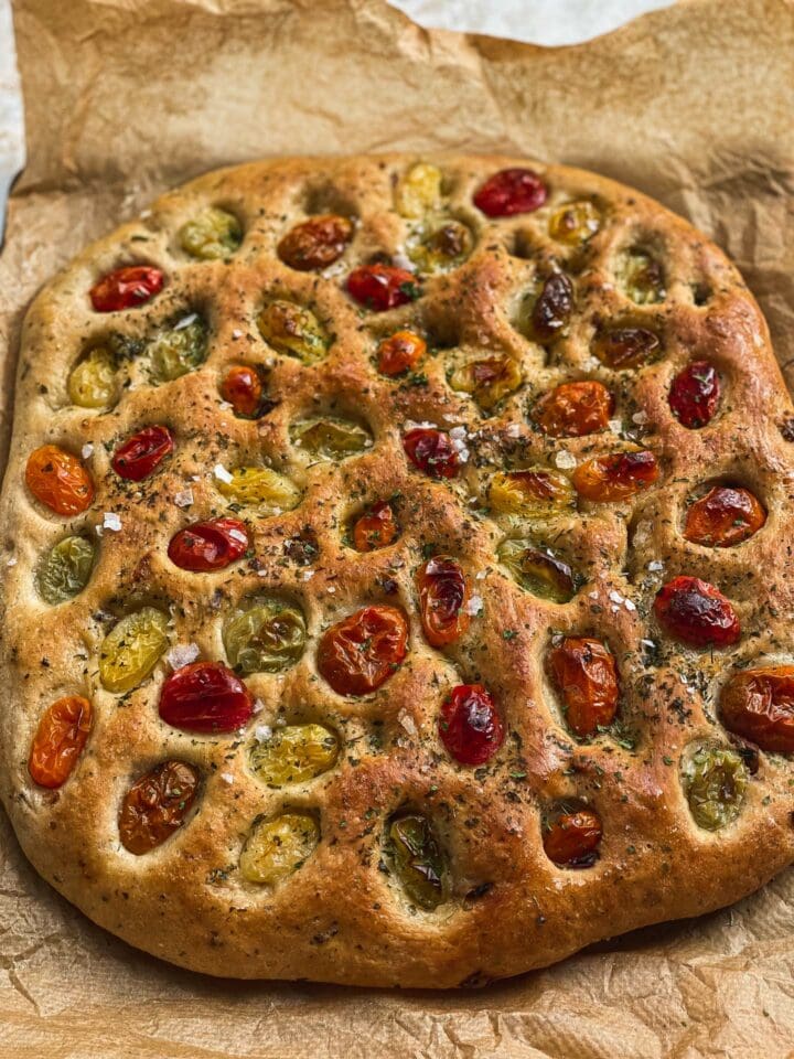Homemade focaccia with cherry tomatoes