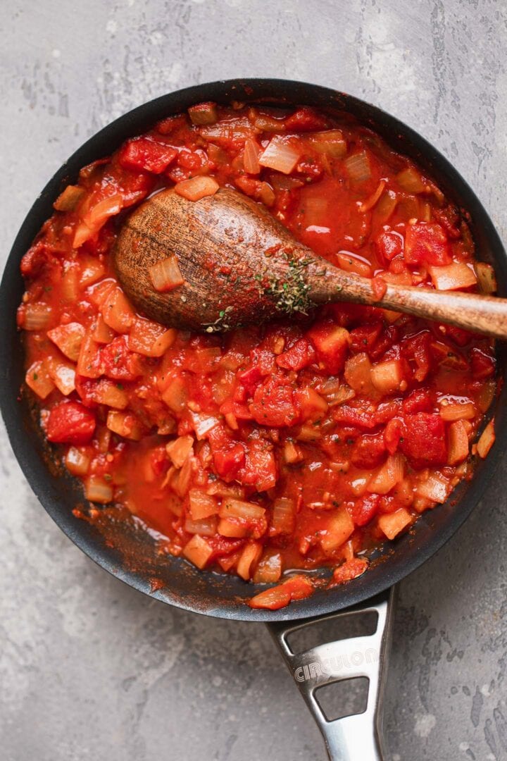 Homemade tomato sauce in a frying pan