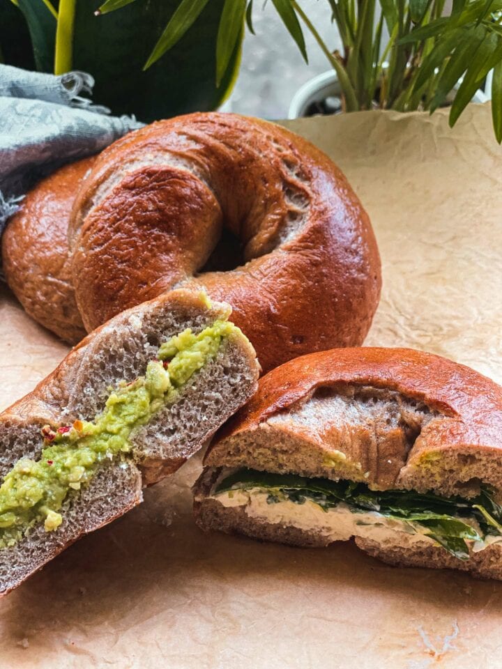 Homemade vegan bagels with avocado