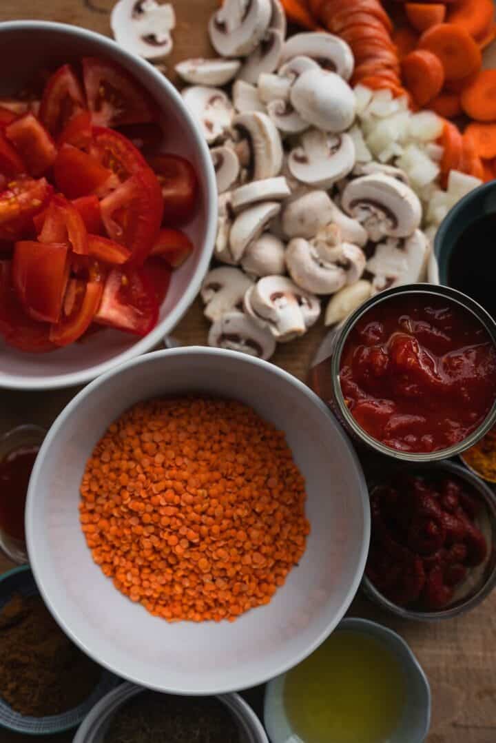 Ingredients for lentil bolognese