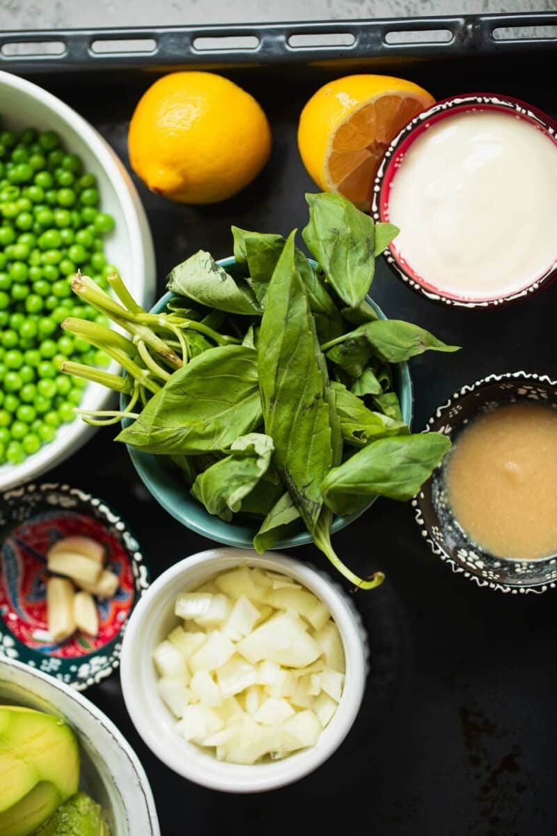 Ingredients for pea and avocado pesto pasta