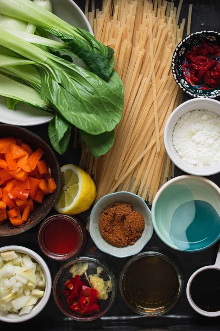 Ingredients for vegan chili garlic noodles