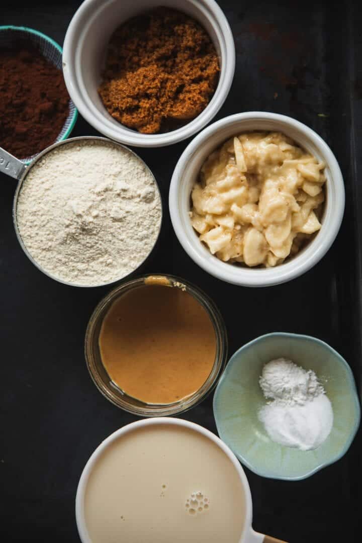 Ingredients for vegan chocolate pancakes
