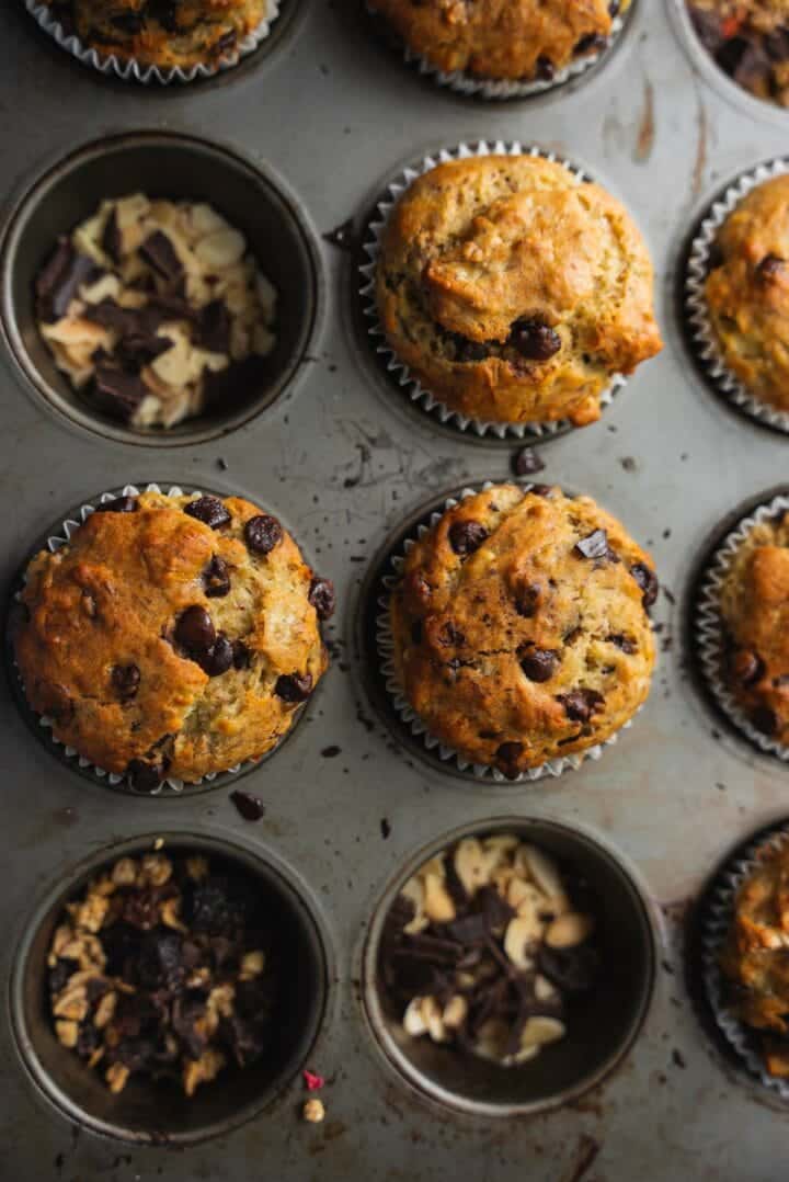 Muffin tray with chocolate chip muffins