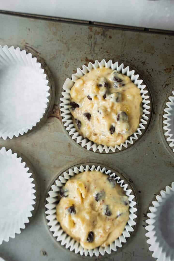 Muffins with chocolate chips in muffin cases before baking