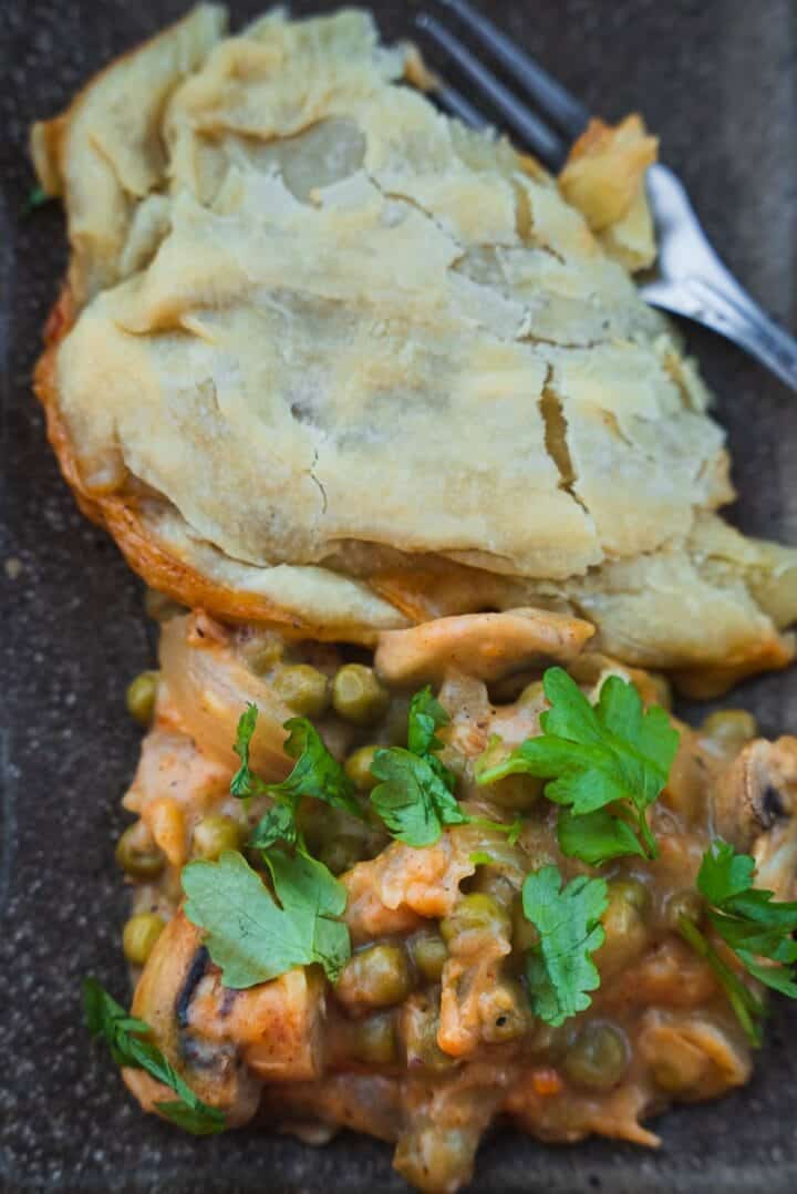 Mushroom and pea pie with olive oil crust
