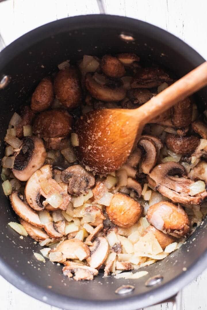 Mushrooms and vegetables in a saucepan