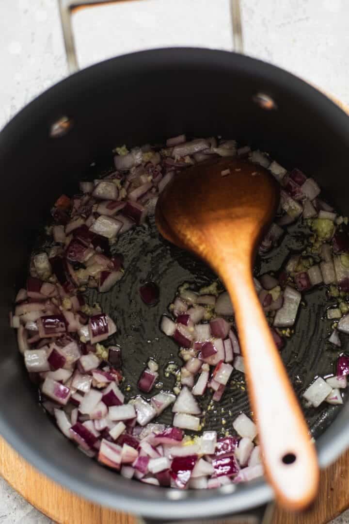 Onion and garlic in a saucepan